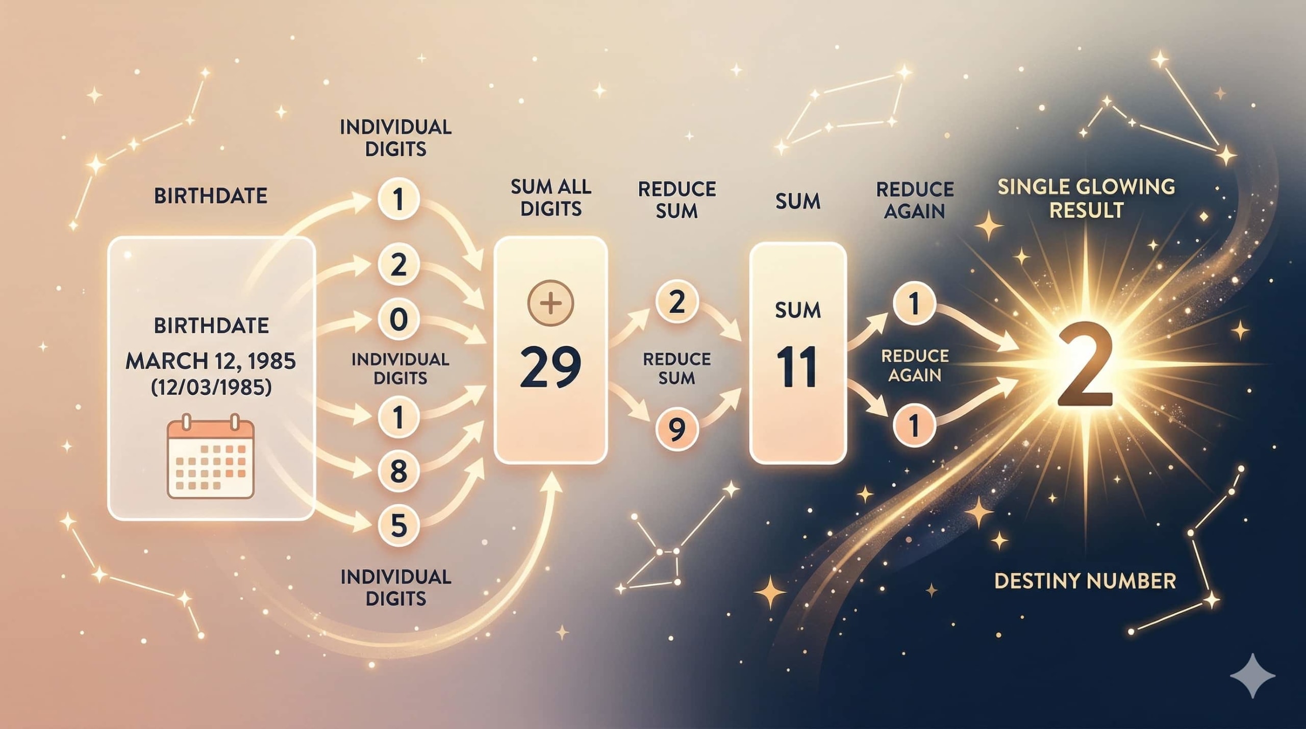 Birthdate reduction diagram for an angel number calculator showing how digits are added and simplified